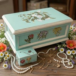 Mint Green Chalk Painted Upcycled Vintage Jewelry Box with Wildflower Transfers – Cottagecore Charm + Bonus Tiny Trinket Box