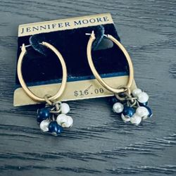 Navy Blue & White Beaded Gold Jennifer Moore Hoop Earrings