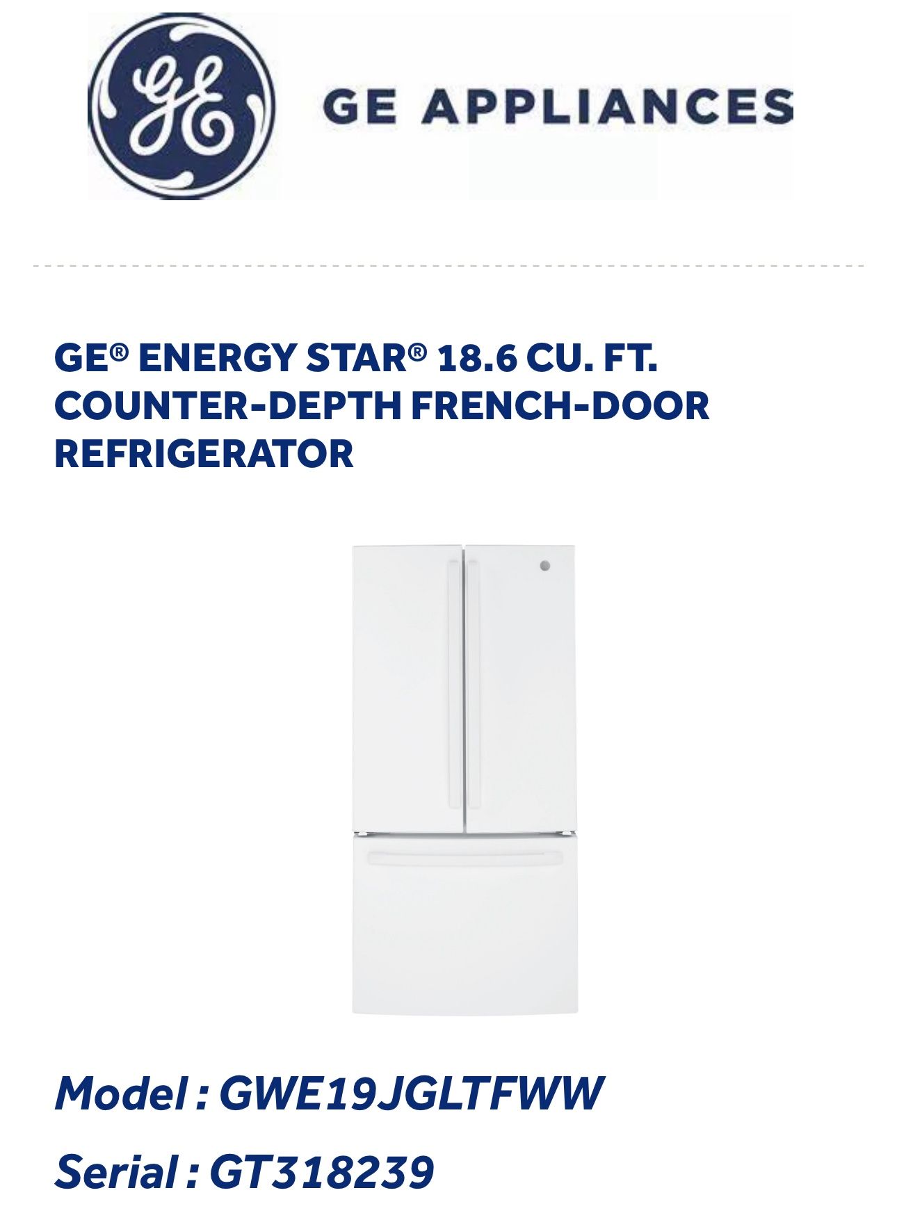 GE ENERGY STAR 18.6 CU.FT. COUNTER DEPTH FRENCH DOOR REFRIGERATOR