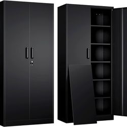 71”Metal Garage Storage Cabinet with 2 Doors and 5 Adjustable Shelves -(Black)
