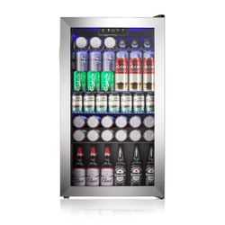 Beverage and Wine Cooler in Silver, LED Light, UV Protection, 17.3 in. Single Zone-130 Can Freestanding , NEW