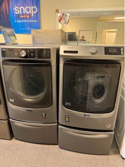 Maytag Grey Front Load set W Pedestals