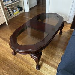 Traditional/Vintage Red Toned Coffee Table With Amber Glass
