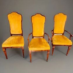 3 Mid Century MCM Stanley Furniture Wood Midas Chairs Gold Velvet