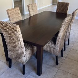 Dining Set - Dark Wood Table + 6 Woven Chairs