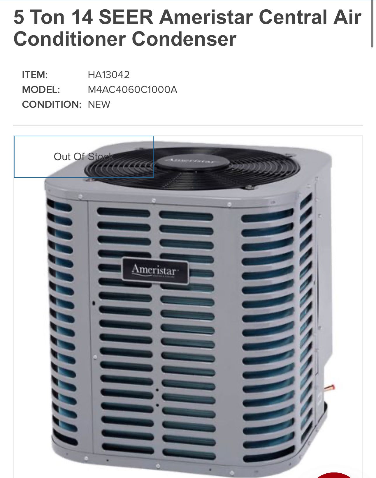 5 Ton 15 SEER Ameristar Central Air Conditioner Condenser