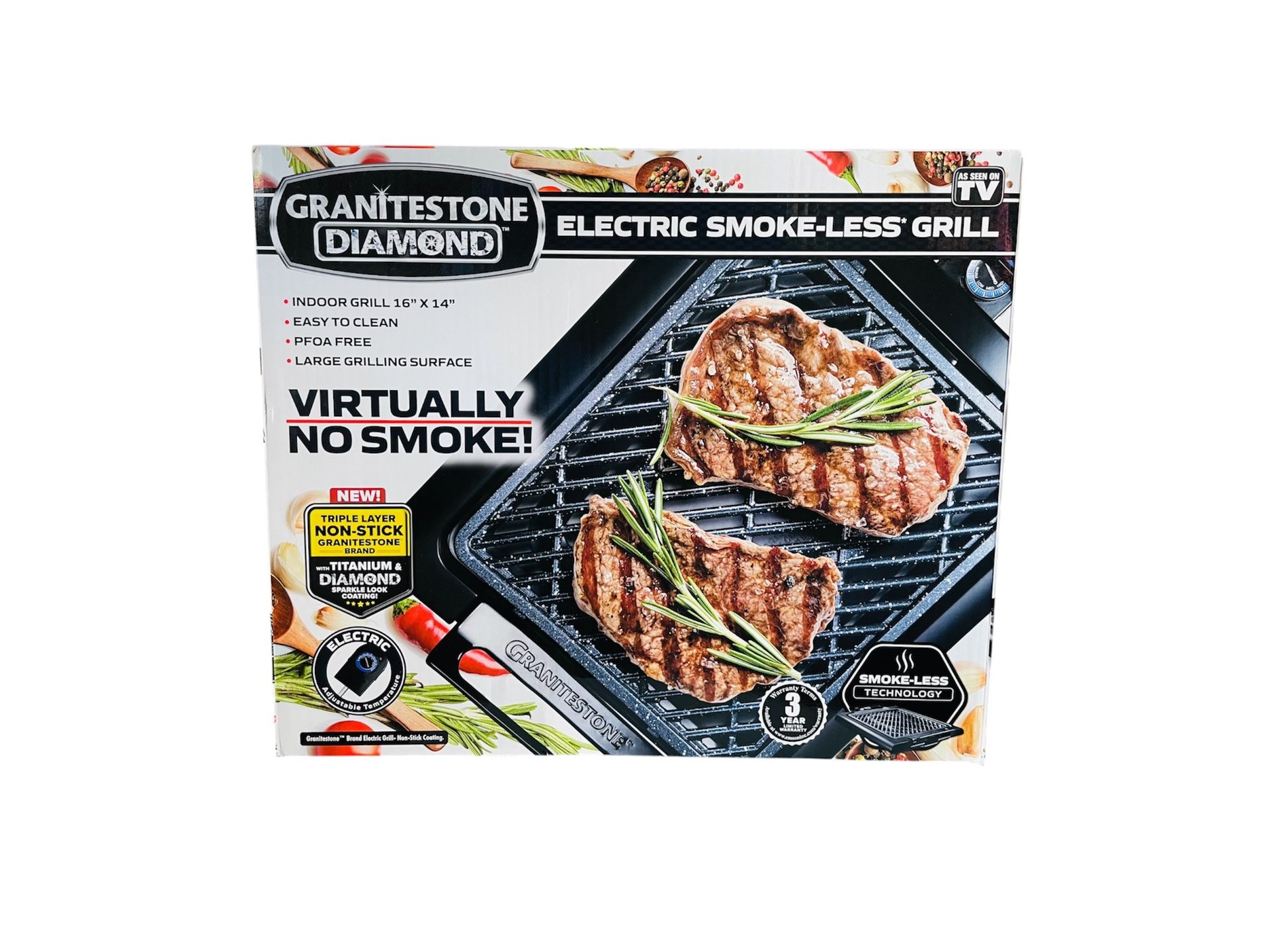 Granitestone Indoor Nonstick Electric Smoke-Less Grill, 14”x16” Black, NEW!!