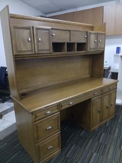 Rectangle Wood Executive Office Desk with Hutch, Drawers and Cabinets, Brown