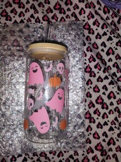 Pastel skull ghost goth glass tumbler w straw new
