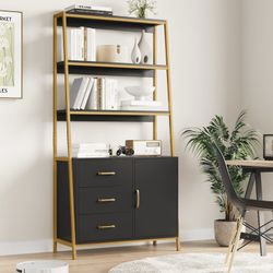 3 Tier Display Storage Shelves with 3 Drawers, Gold Metal Frame Bookshelf, Black Finish