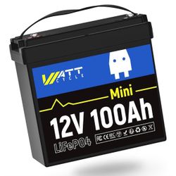 Wattcycle 12V 100Ah Mini LiFePO4 Lithium Battery, BCI Group 24 Mini Batterys, 100A BMS & Low-Temp Protection, Up to 15000 Deep Cycles Battery for RVs,