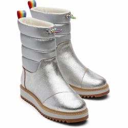 Toms Women's Makenna Metallic Quilted Boots featuring a distinctive silver design and rainbow pull tabs size 8