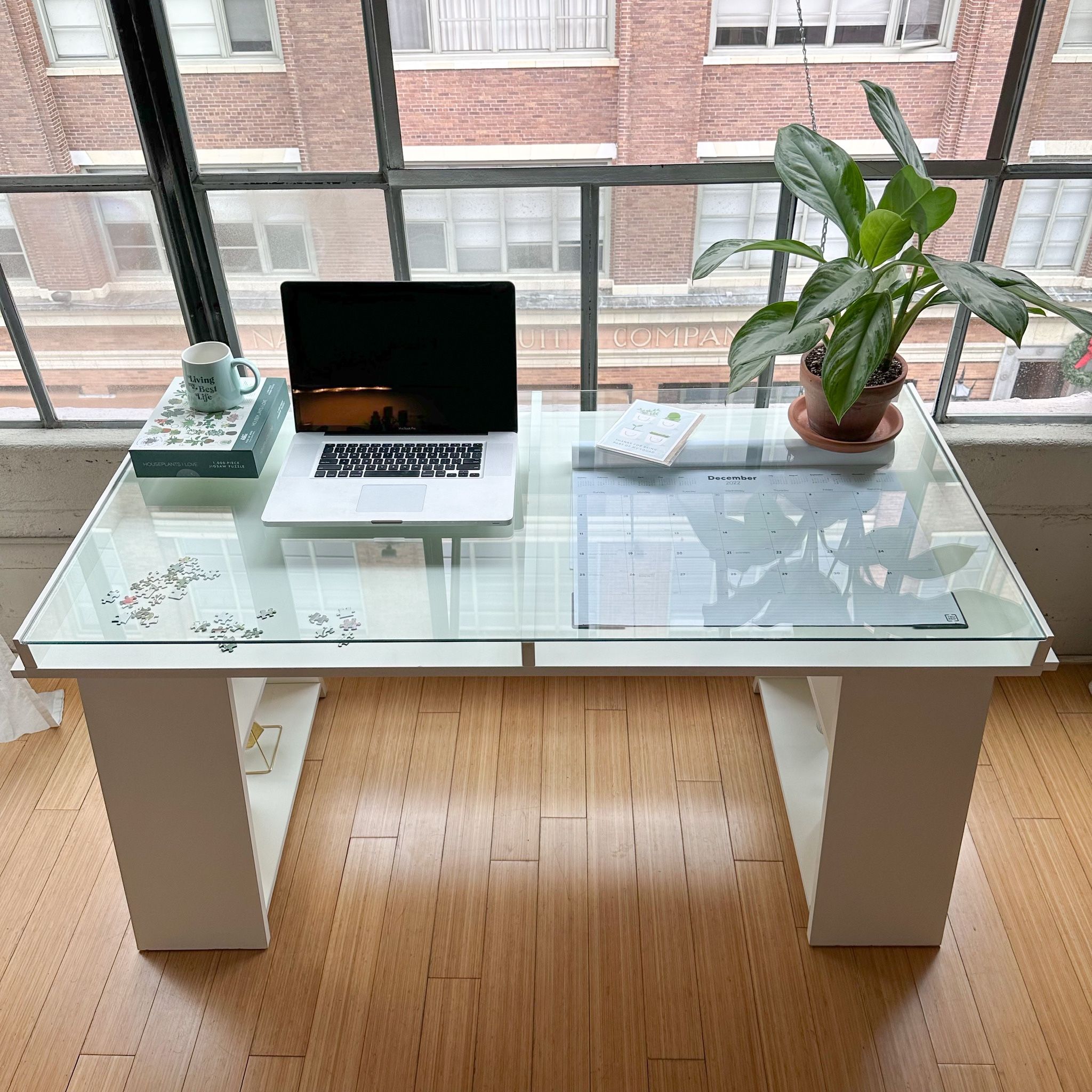White Glass Desk With Book Shelves