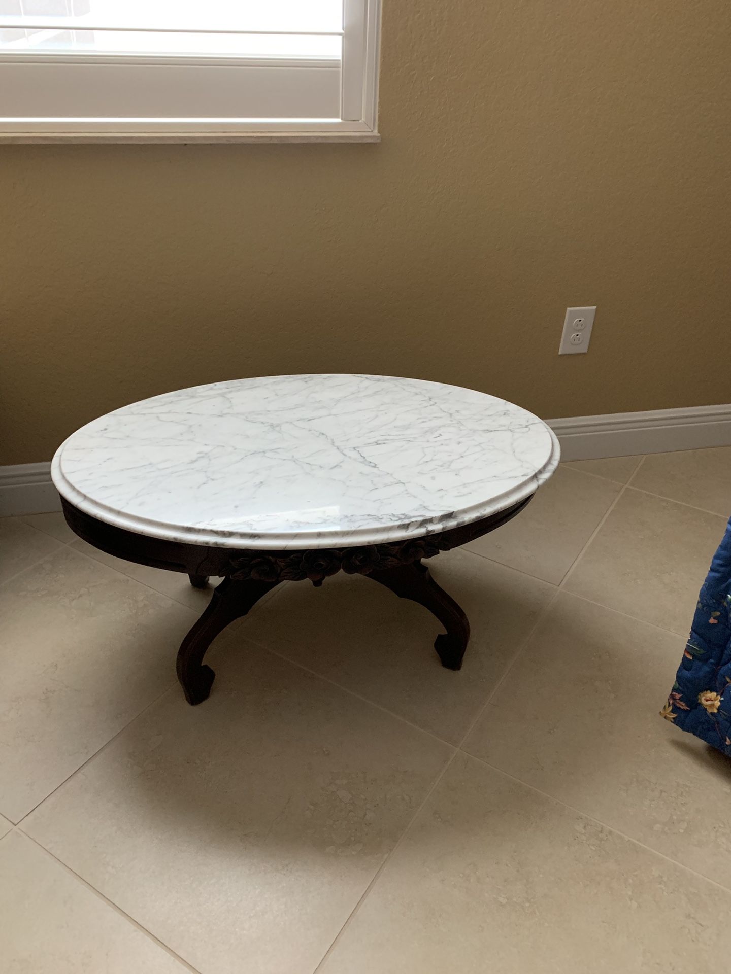 Antique tables (3) marble top, walnut base.