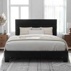 Full / Queen / King Size Platform Bed Frame with Velvet Upholstered Headboard and Wooden Slats Support, Fully Upholstered Mattress Foundation/No Box S