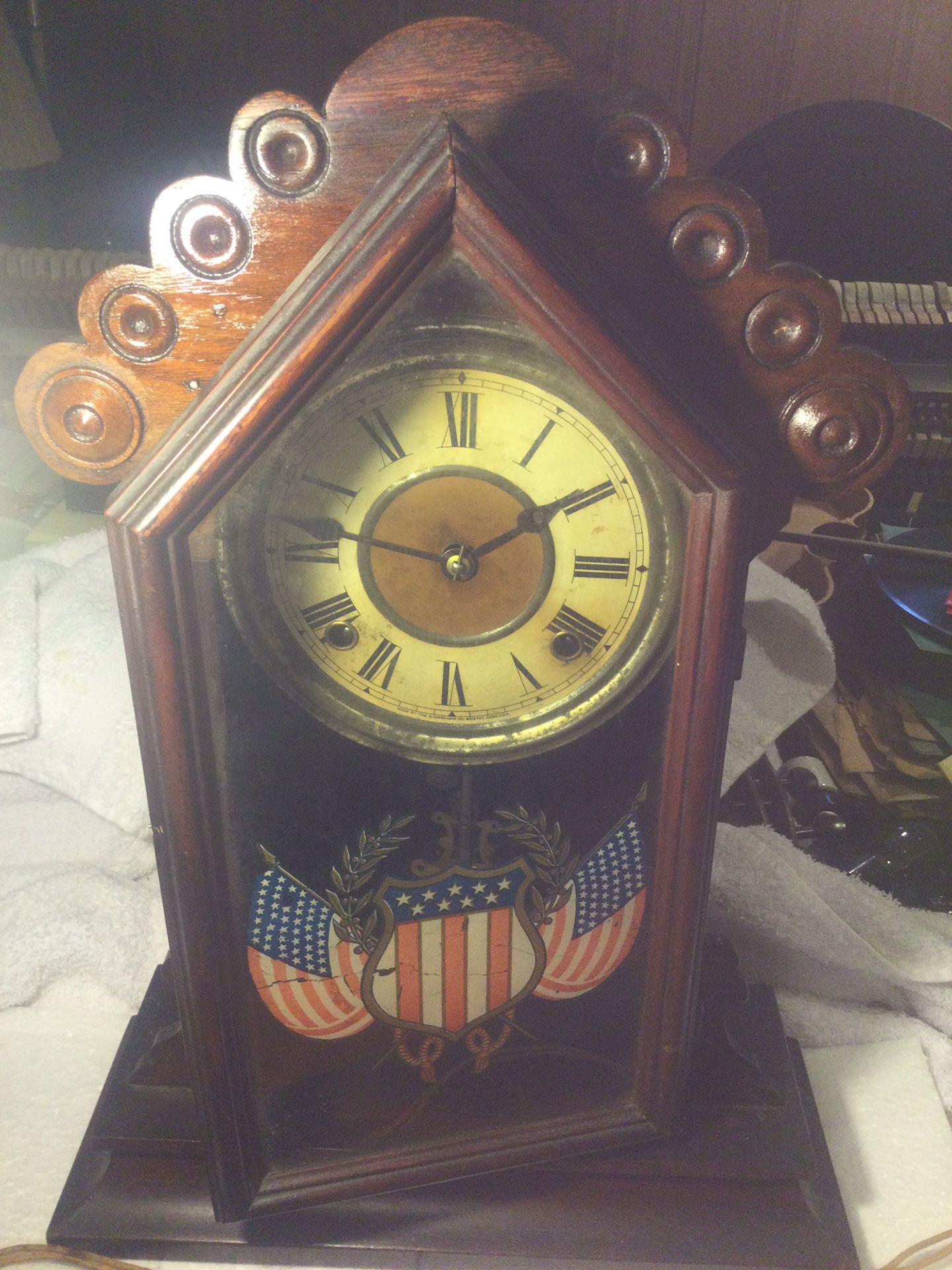Antique Mantel Clock With Reverse Painting Of Eagle Flag