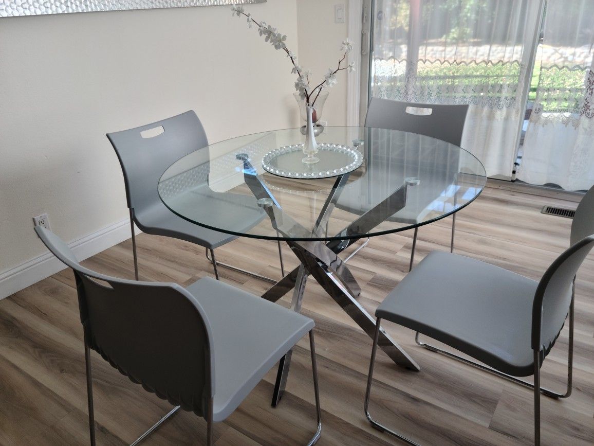 Dining Table Set Modern Elegant Style, Tempered Glass, Stainless Steel Legs, 4 Chairs Heavy Strong Acrylic Material, High Quality, Color Light Grey, S