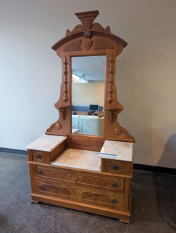 Antique Wood Five-Drawer Dresser with Marble Tops