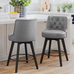 Set 3 Dark Gray Faux Leather Counter Height Chair 26in  Solid Wood Leg Swivel Bar stool
