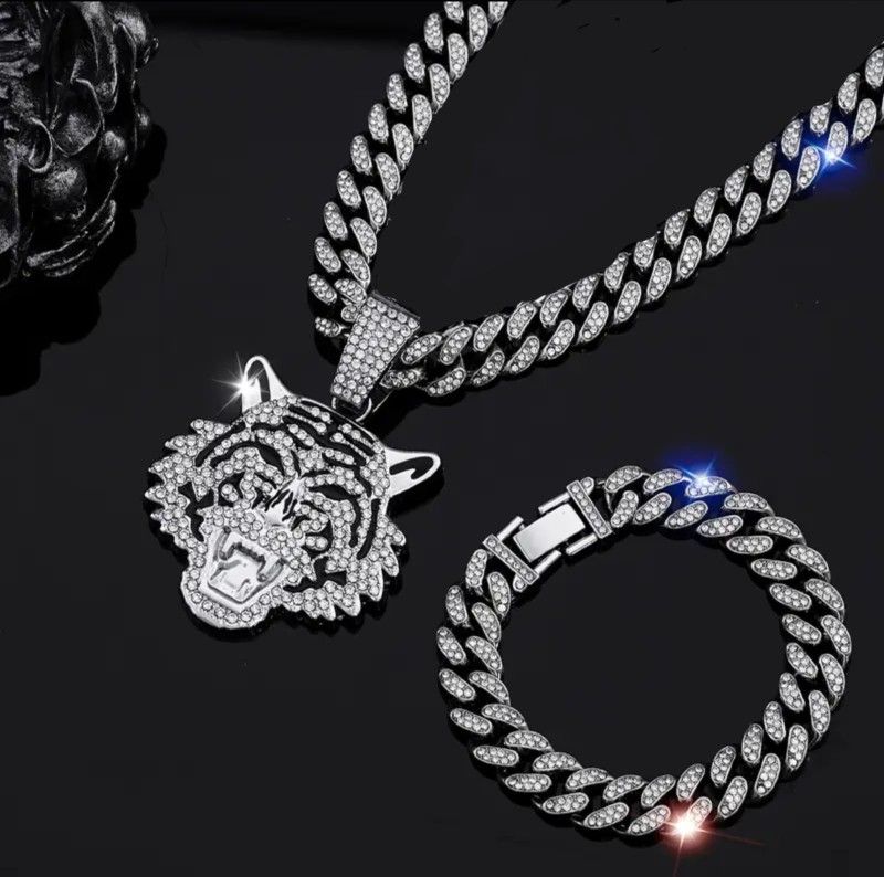 3 Pcs Fully Iced 14K White Gold Plated Cubic Zirconia Tiger Head 20 Inches Chain Pendant Necklace And Bracelet Set