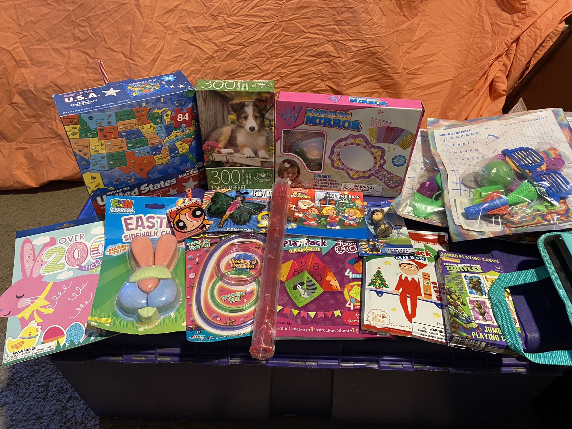 Misc Lot #2 Puzzles, Fashion Mirror, Stickers, Sidewalk Chalk, Finger Kite, Power Puff, Little Peoples, Paw Patrol, Ninja Turtles Etc ALL NEW