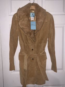 Marciano by Guess Leather Coat Jacket Rabbit Fur Collar Tan Camel Size Large L NEW