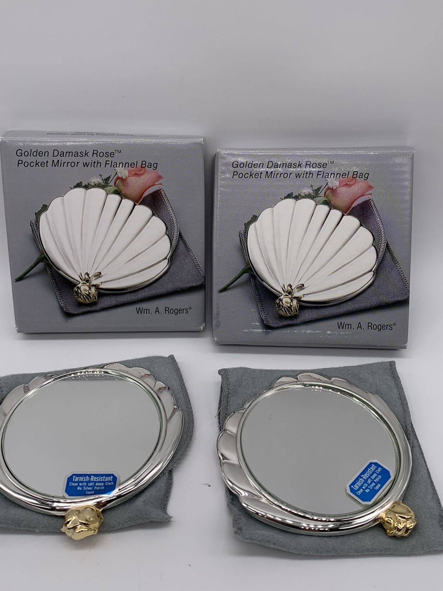 Wm. A. Rogers Golden Damask Rose Pocket Mirror With Fannel Bag. Set If 3 Pieces