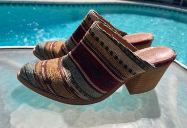 Pair of Jeffrey Campbell for Anthropologie Boho Western Heeled Mules w/a Southwestern Geometric Tapestry Fabric Upper & Stacked Wooden Block Heel