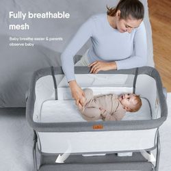 Baby Bassinet Bedside Sleeper with Mattress and Soft, Breathable Sheet, Full-Mesh Sides, 6-Height Adjustable, Stable and Secure Crib for Newborns BEIG