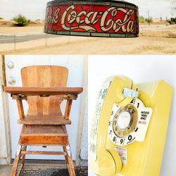 Vintage Lamp, turn dial phone & wooden high chair