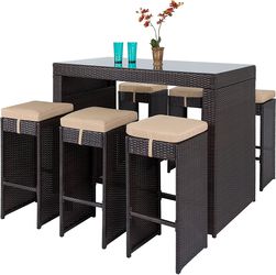 Set of 7 - Rattan Wicker Bar Dining Set with Glass Tabletop and 6 Stools, Brown