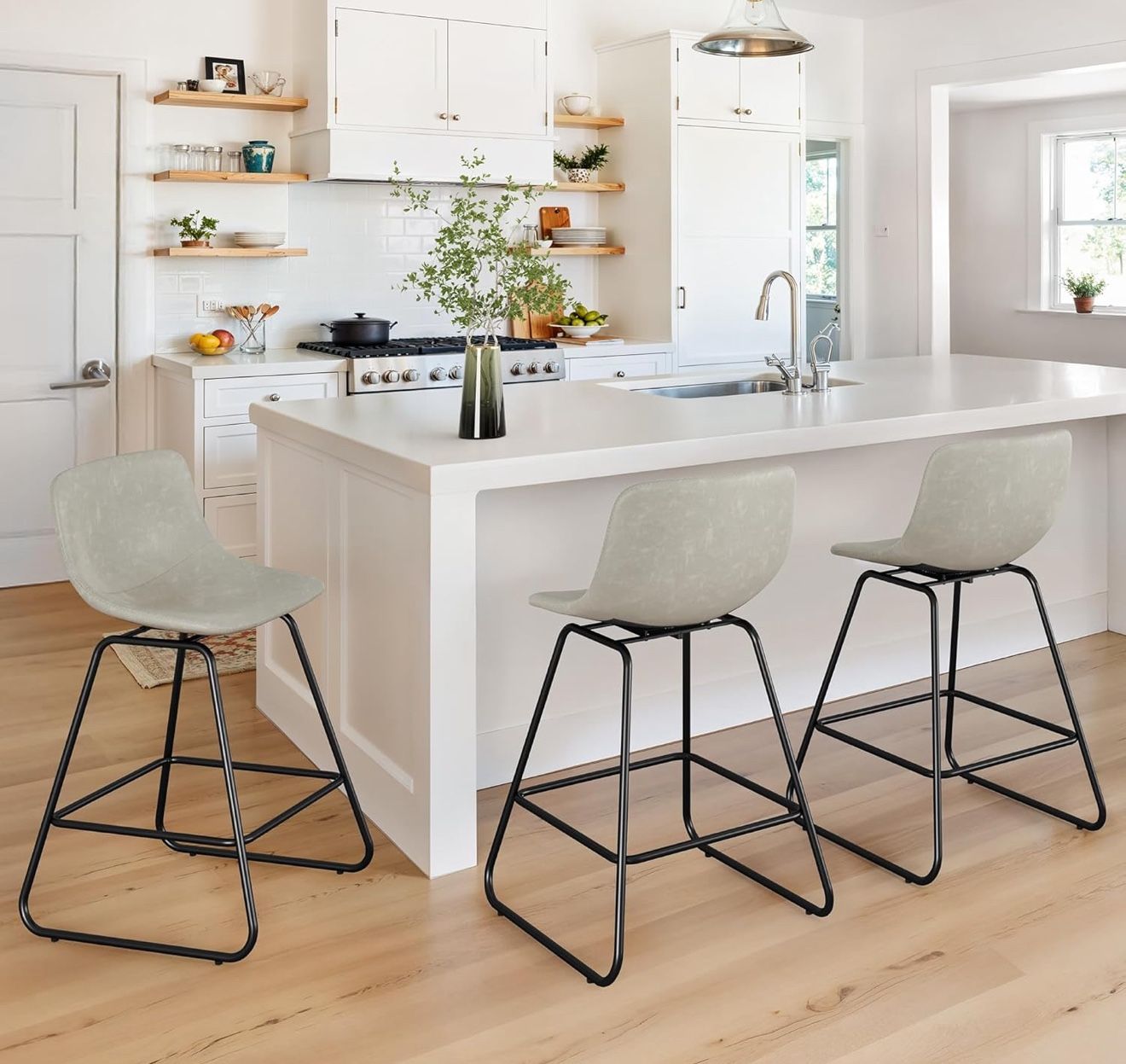 LUE BONA Swivel Bar Stools Set of 3, 25in Faux Leather Counter Height Bar stools, Mid Century Modern Bar Stools with Metal Legs & Footrest, for Kitche