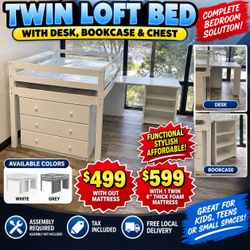 Twin loft bed with chest, bookcase & desk.  Available in grey & white. Assembly required. Assembly not included. Tax included. Free local delivery.   