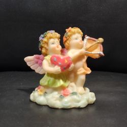 Vintage Valentine Cherub Resin Figurine Heart & Bow Angel Pink Wings Floral Rare