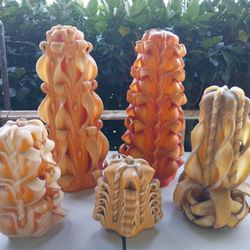 Vintage 70s Orange Hand Carved  Ribbon Candle Lot 