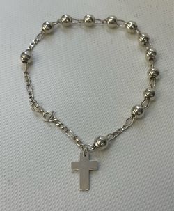 Cross Rosary Prayer 12 Beads Bracelet 925 Sterling Silver 9" Mexico NEW SOLID