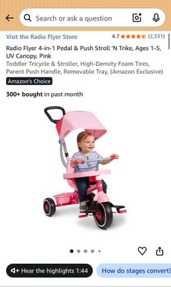 Radio Flyer 4-in-1 Pedal & Push Stroll ’N Trike, Ages 1-5, UV Canopy, Red Toddler Tricycle & Stroller, High-Density Foam Tires, Parent Push Handle, Re