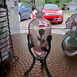 Pink Crackle Glass W Metal Stand Perfume Bottle