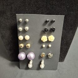 Bundle Of 11 Pair Of Stud Earrings In Different Shapes & Looks - All With Backs 