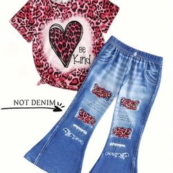 2pcs Girls Leopard Heart Graphic Outfit Set
