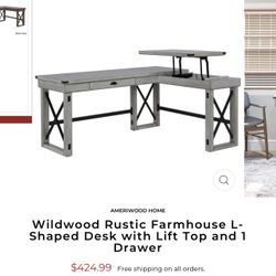 Rustic Farmhouse L-Shaped Desk With Lift Top