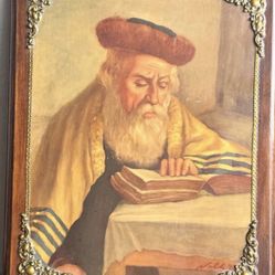 Talmudic Scholar Reading a Book on Wood Panel With Metal Border