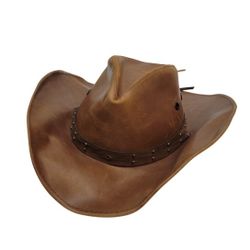Classic Distressed Brown Genuine Leather Cowboy Hat, Handmade in Mexico.