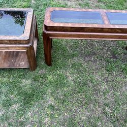 Vintage Burl Wood Glass Top Table Set (Heavy/Sturdy)