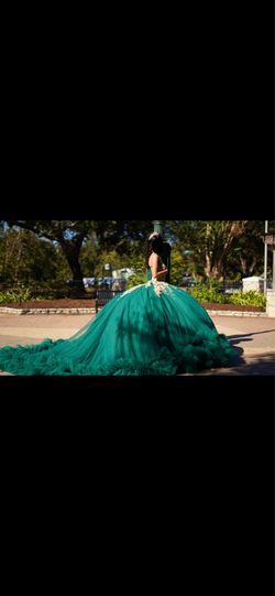 Green & Gold Strapless 15 Dress w/ Train Applique