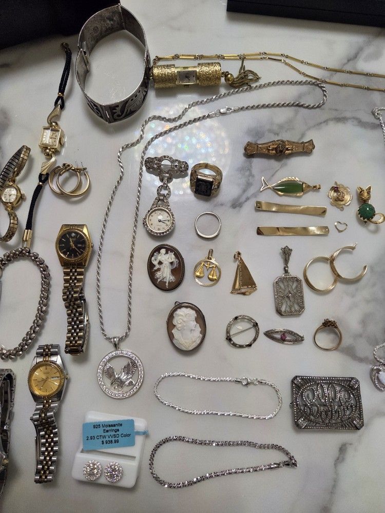 Antique Gold & Silver Jewelry Lot – 14K, 10K, 925 Silver, Watches, Rings, Pins – Tested & Verified