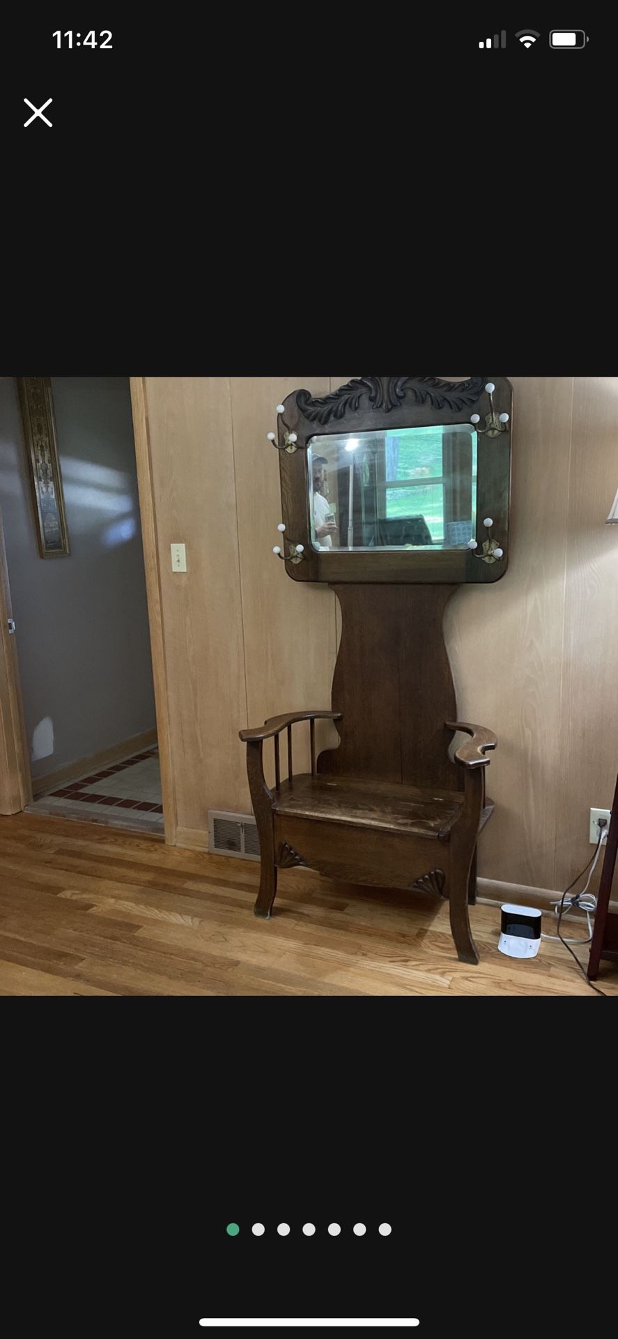 Antique Quartersawn Oak Victorian Carved Hall Tree Seated Bench Beveled Mirror