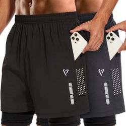 Brand New 2Pack  Men's 2in1 Running Shorts 5''Quick Dry Breathable Mesh Gym Shorts with Zip Pockets&Towel