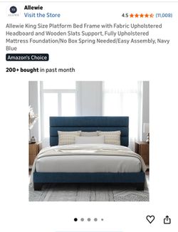 King Upholstered Bed Frame, Navy Blue, modern sleek, Wooden Slats