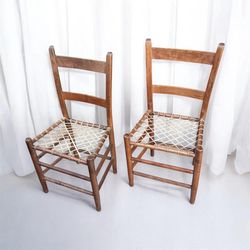 Vintage Rustic  ladder Back Farmhouse Wood Chairs Woven Hide